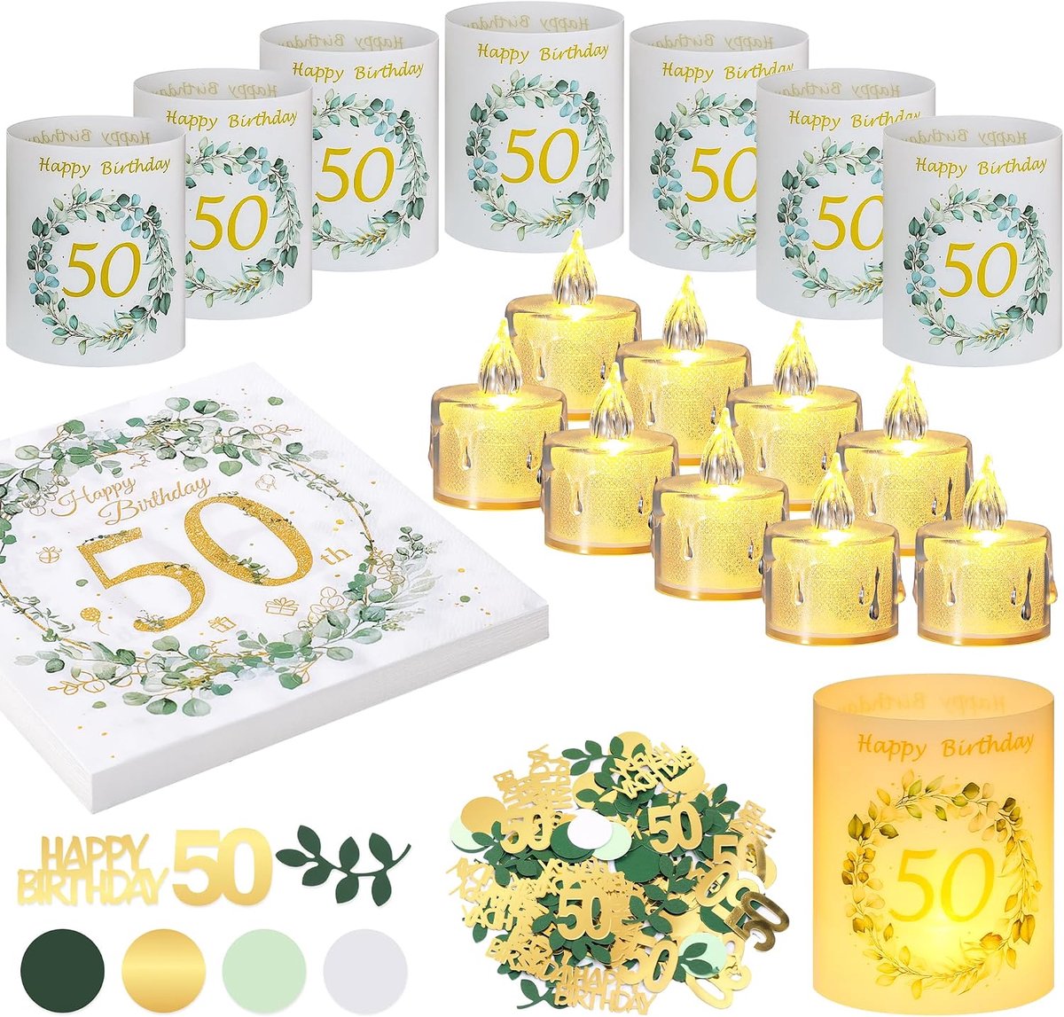 Tafelversiering 50e Verjaardag - 12 Lichten en LED Kaarsen - Eucalyptus Groene Decoratie - ShopVlot