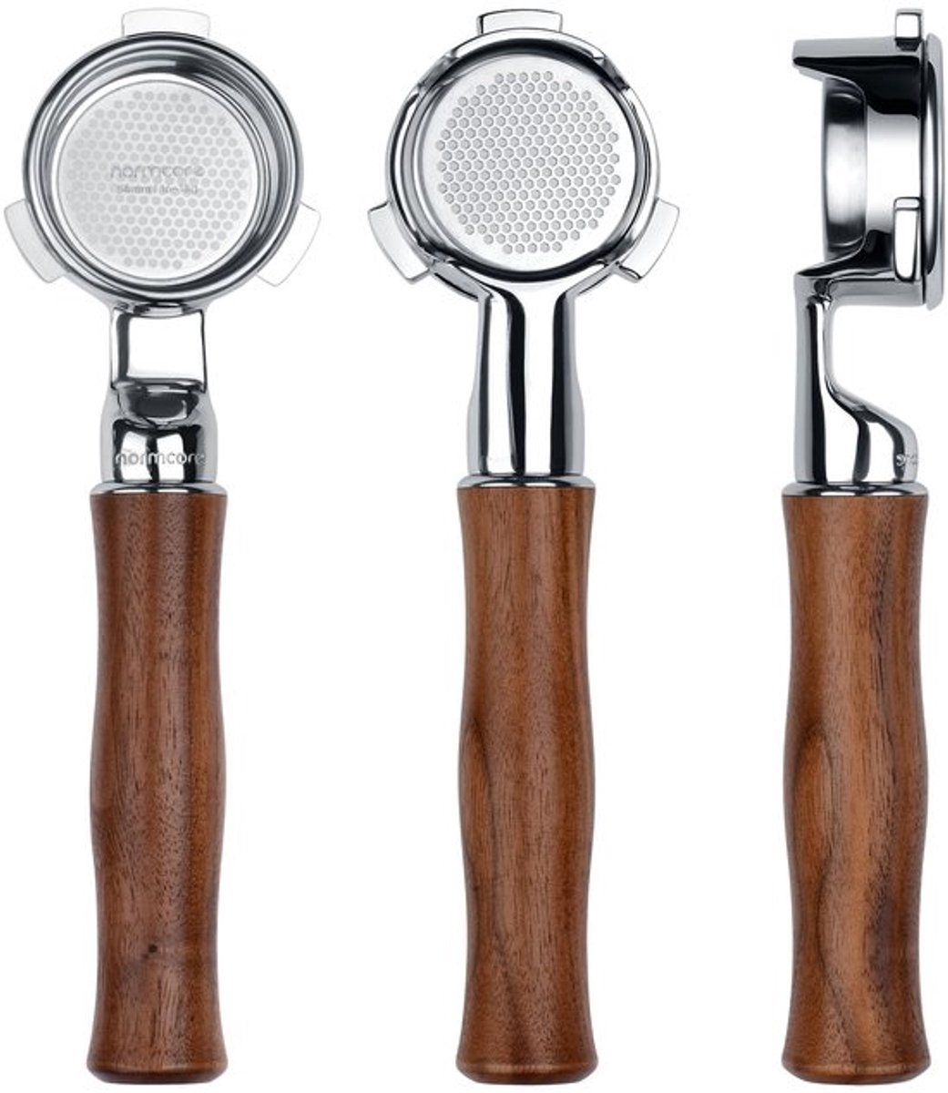 Normcore 54mm Bodemloos Portafilter met 18g Precisiefiltermand, Geschikt voor Breville 54mm-machines inclusief Bambino Plus BES500, Echt Amerikaans Walnoot Handvat