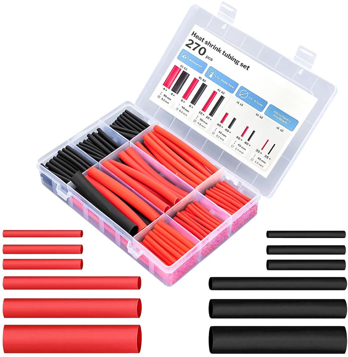 Heat Shrink Tubing Set, 270 Pieces, 3:1 Heat Shrink Tubes, Assortment with Glue, 6 Sizes, Double Walled, Ideal for - ShopVlot