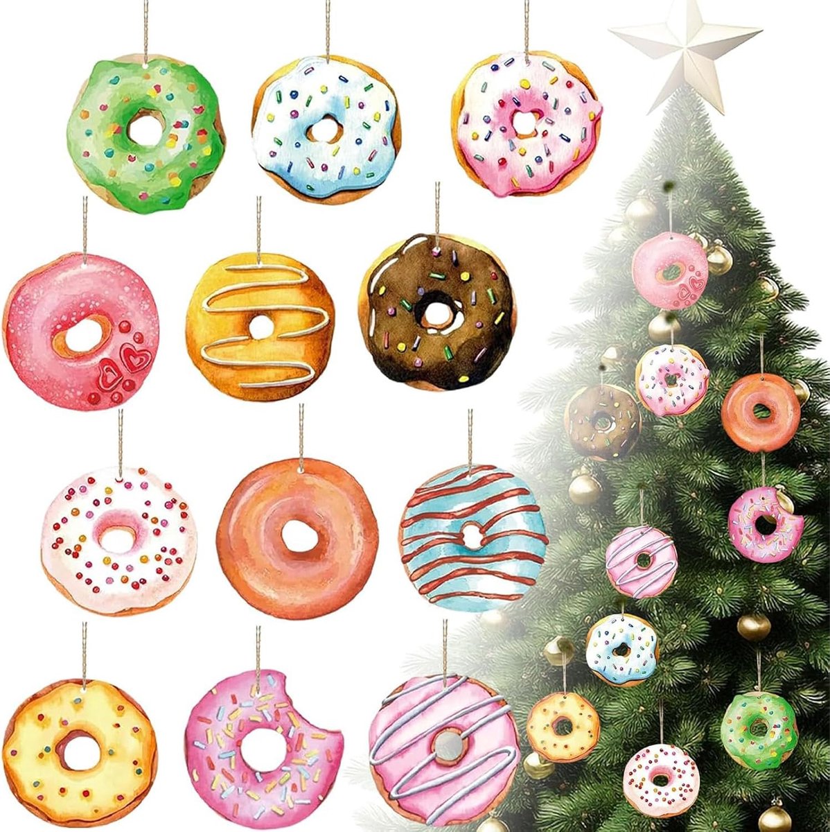 Set van 12 houten donut-kerstboomhangers met jute koord, kleurrijke kleuren, macaronstijl, ophangkoord inbegrepen - ShopVlot
