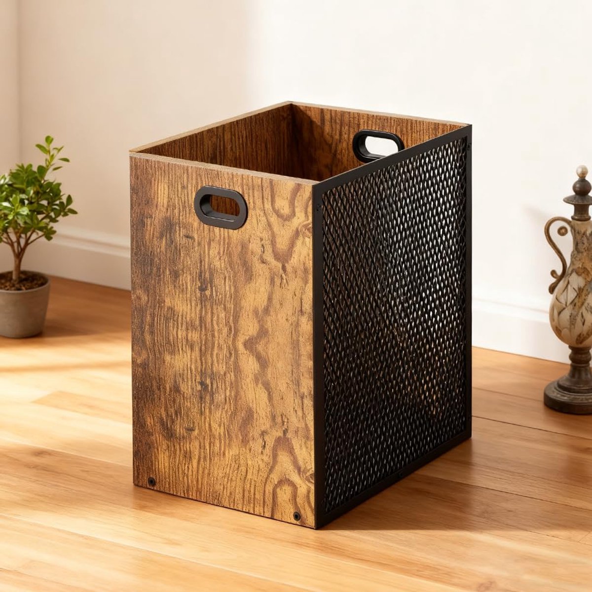 Afvalbak vintage 16,8L - industrieel stijl ijzer hout - retro uitstraling - elegant voor thuis of kantoor - ShopVlot