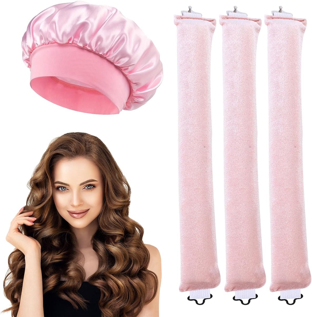 3 Pcs Night Curlers Hair Paste, Overnight Curls with Hooks, Heatless Curls Band, with Satin Hair Cap, Heatless Curls - ShopVlot