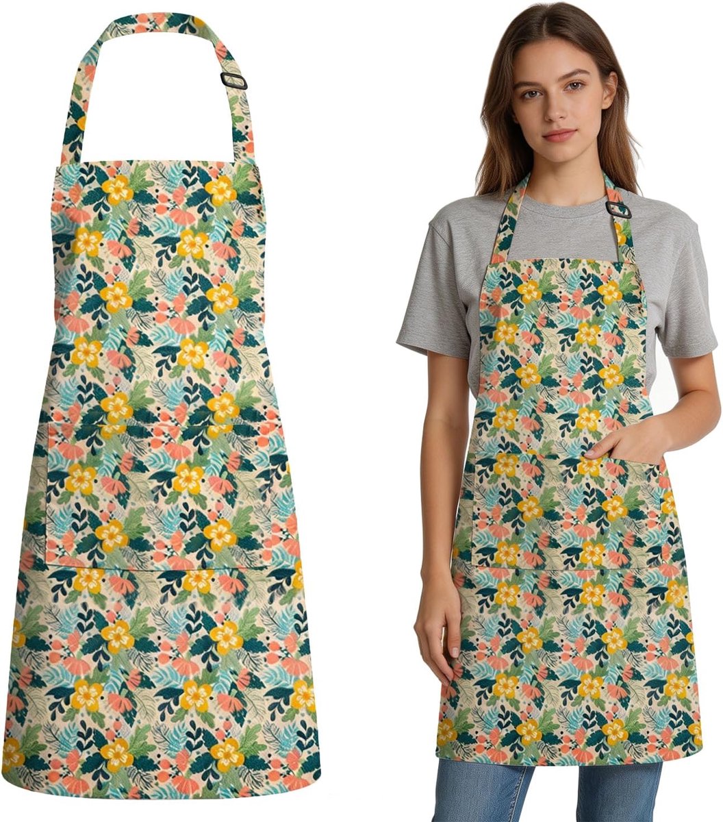 Schort waterdicht bloemenprint - verstelbaar canvas - met zakken - ideaal voor koken - ShopVlot