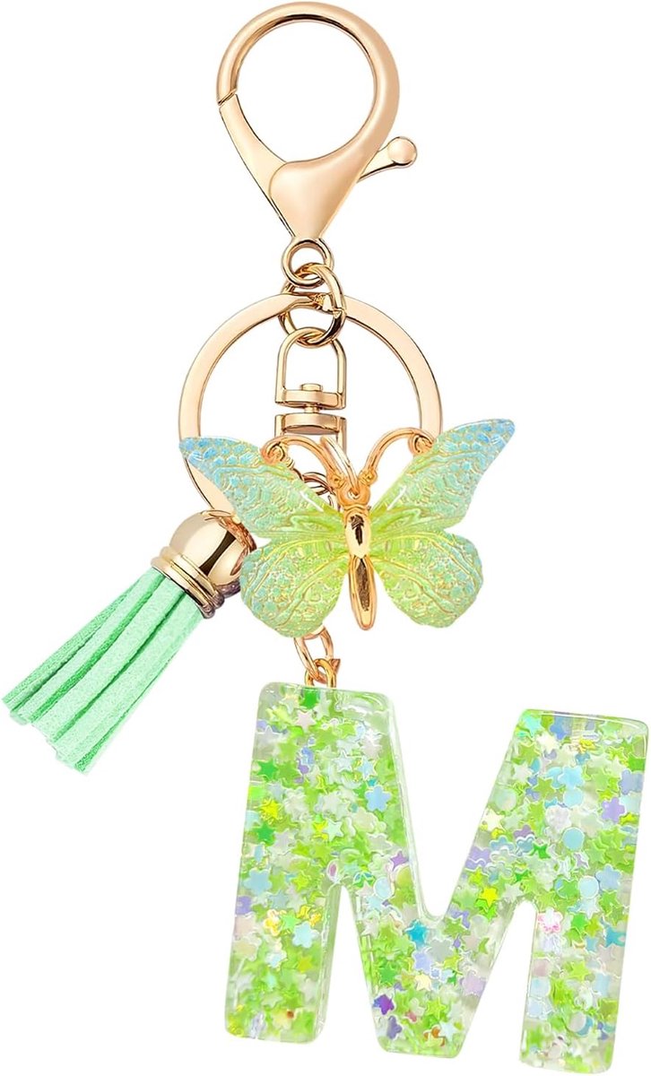 Personaliseren Sleutelhanger - Groene M - Met Vlinder - Unieke Cadeau voor Vrouwen - ShopVlot