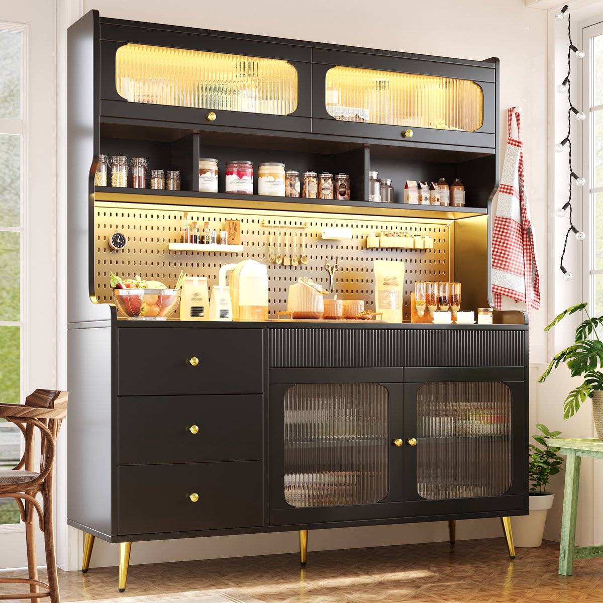 DESMIU Keukenkast - Hoog Model Met Led En Appbesturing - Glasdeuren En Lade - Voor Keuken En Woonkamer - Mdf, Glas, Metaal - 145x39x171 Cm - Zwart