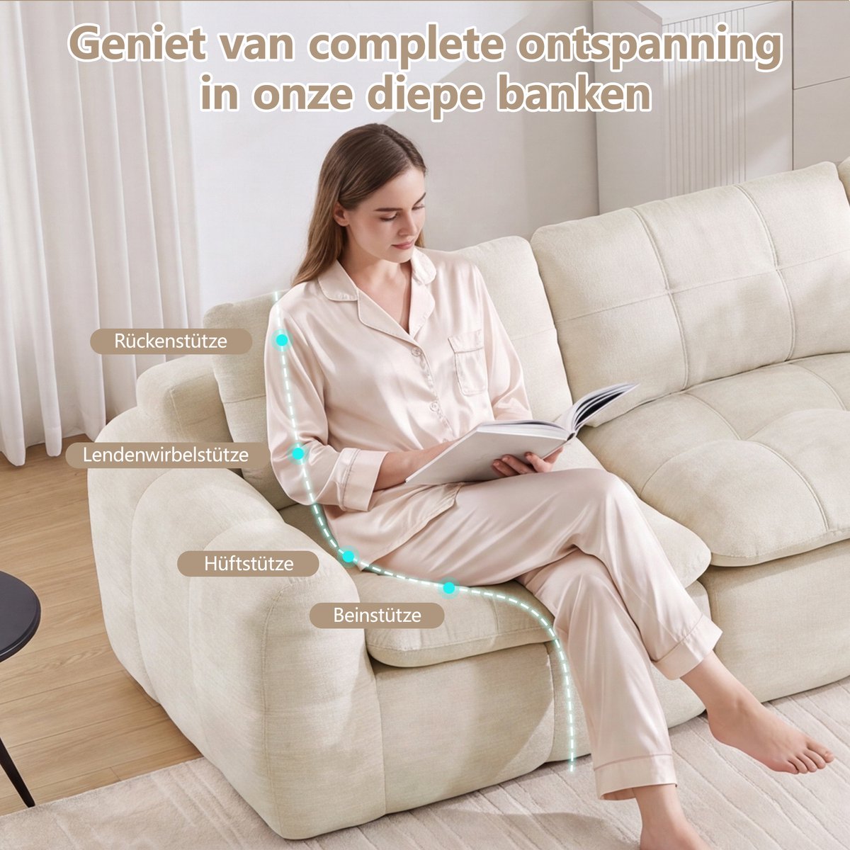 OKWISH Zitbank 334 x 97 x 68 cm - 4-Zits Modulaire Bank Met Diepe Zitting En Zonder Montage - Voor Woonkamer Of Appartement - Chenille - Beige