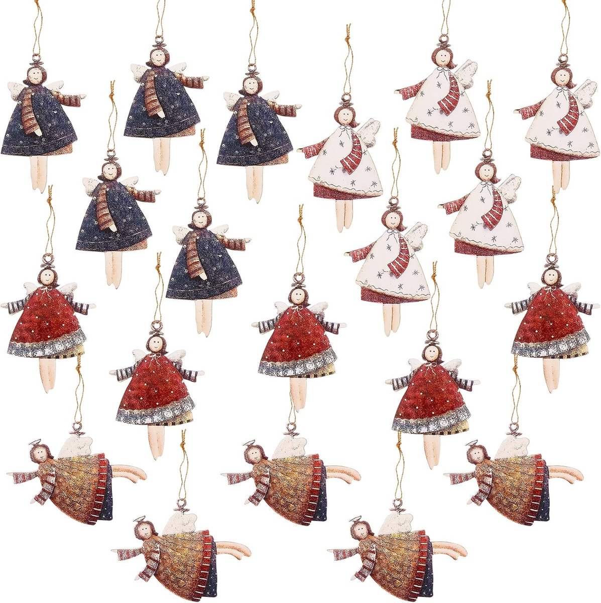 Houten kerstboomdecoratie engeltjes 40 stuks - 4 stijlen en kleuren - inclusief 5,5 inch touw - ShopVlot