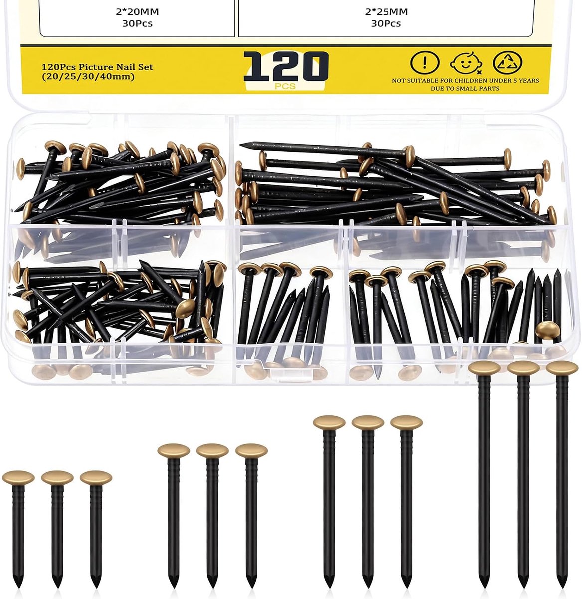 Hardware nagels kit 120 stuks - gegalvaniseerde staal - diverse maten - ideaal voor foto opknoping - ShopVlot