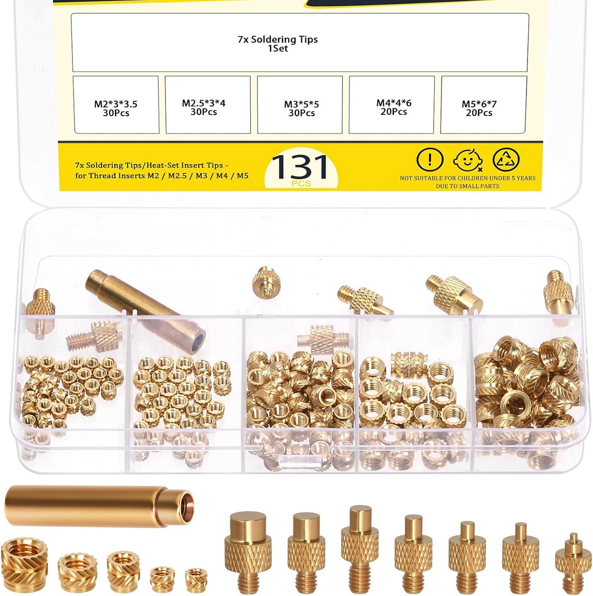 Brass threaded inserts set 138pcs - M2 M2.5 M3 M4 M5 - inclusief soldeertip - voor stevige verbindingen - ShopVlot