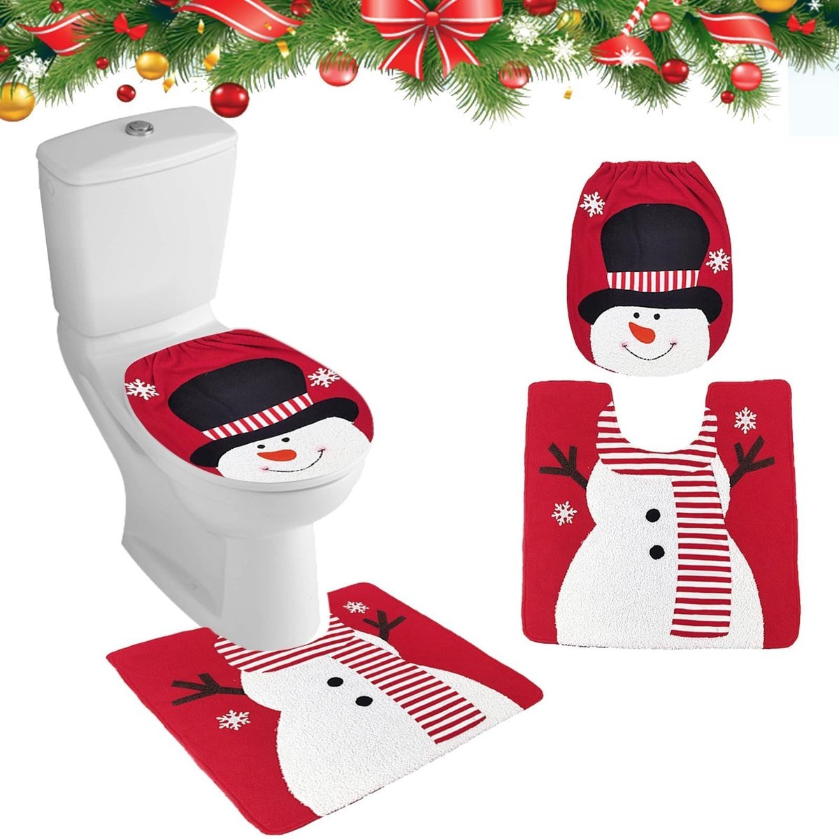 Solidchoice - Kerst Toiletzitting Dekbedovertrek Set - Santa en Sneeuwman