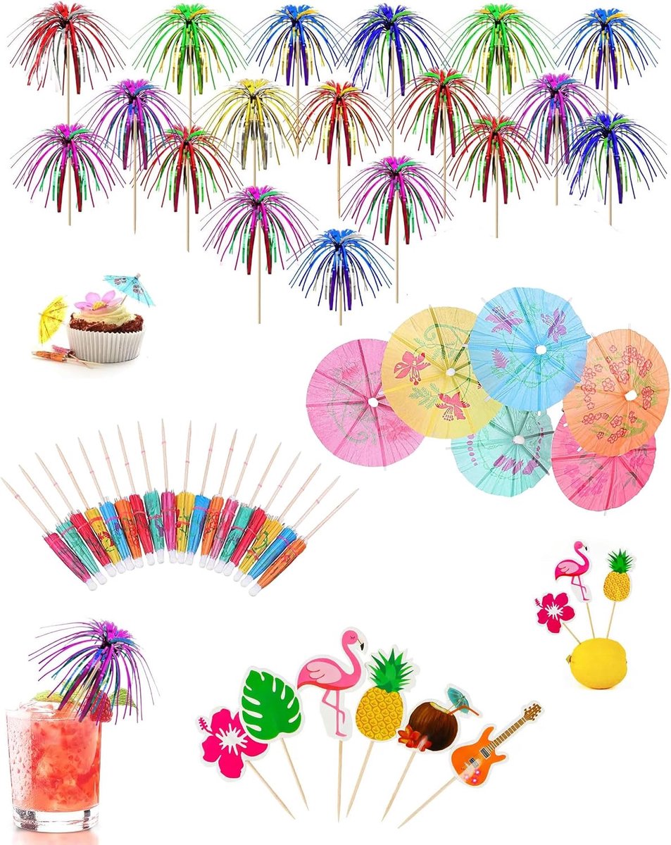 Cocktail Deco Set met 50 Cocktailschermen - 20 Party Pikern - Tropische Hawaï Stijl - ShopVlot