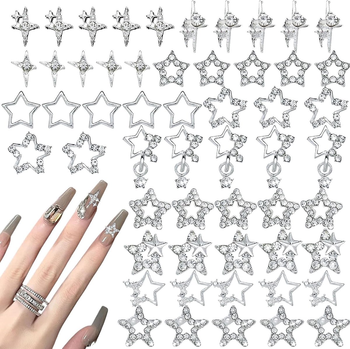 Nail Charms Sterren 55 Stuks - Legering Zilver - 3D Metaal met Kristallen - Voor Unieke Nageldesigns - ShopVlot