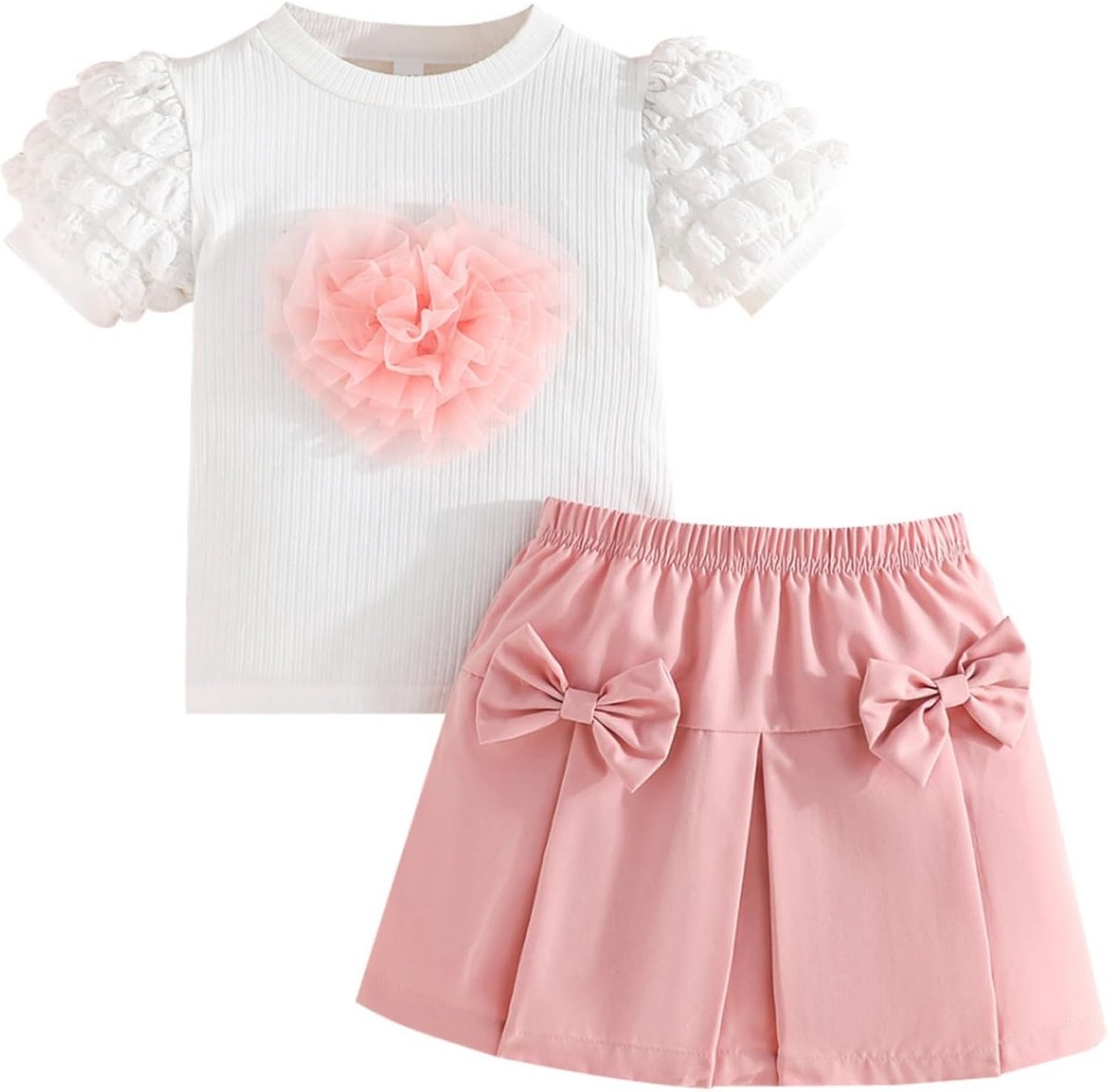 Meisjes Zomer Outfit 2 Delig - Roze 18-24 Maanden - Puff Mouw Top - Ideaal voor Feestjes - ShopVlot