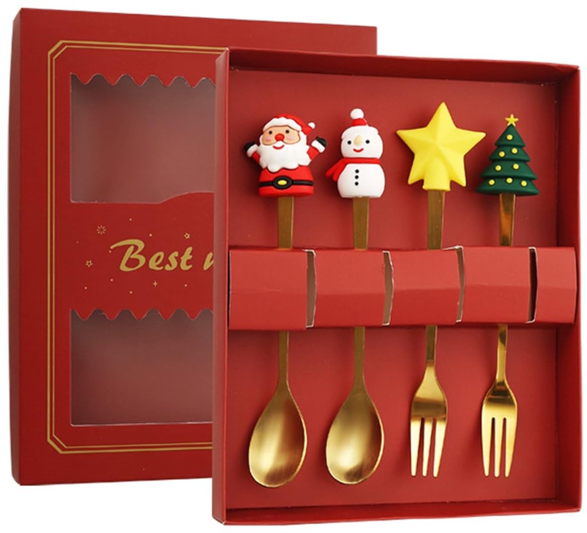 Solidchoice - Set van 4 RVS Kerst Vorken en Lepels in Cadeauverpakking