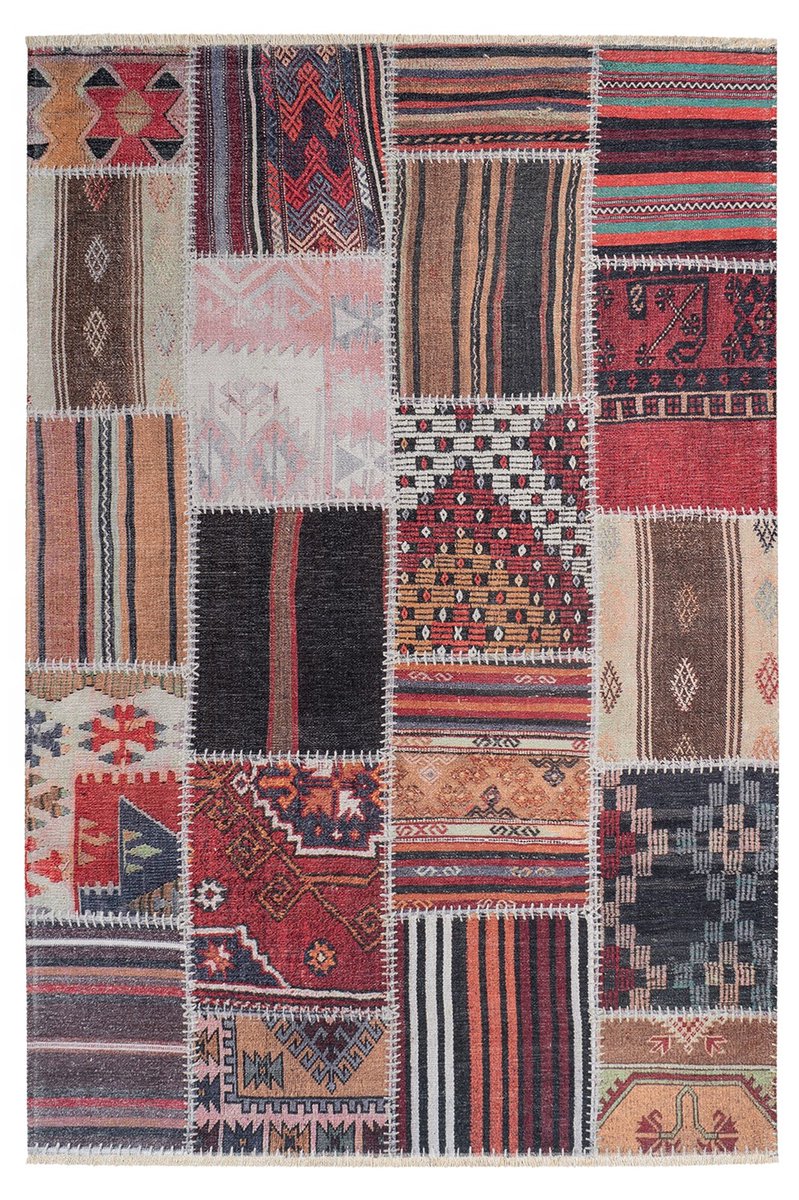 Padiro laagpolig vloerkleed 200 x 290 cm - rood - etnisch vintage design - patchwork - geschikt voor vloerverwarming - van polyester