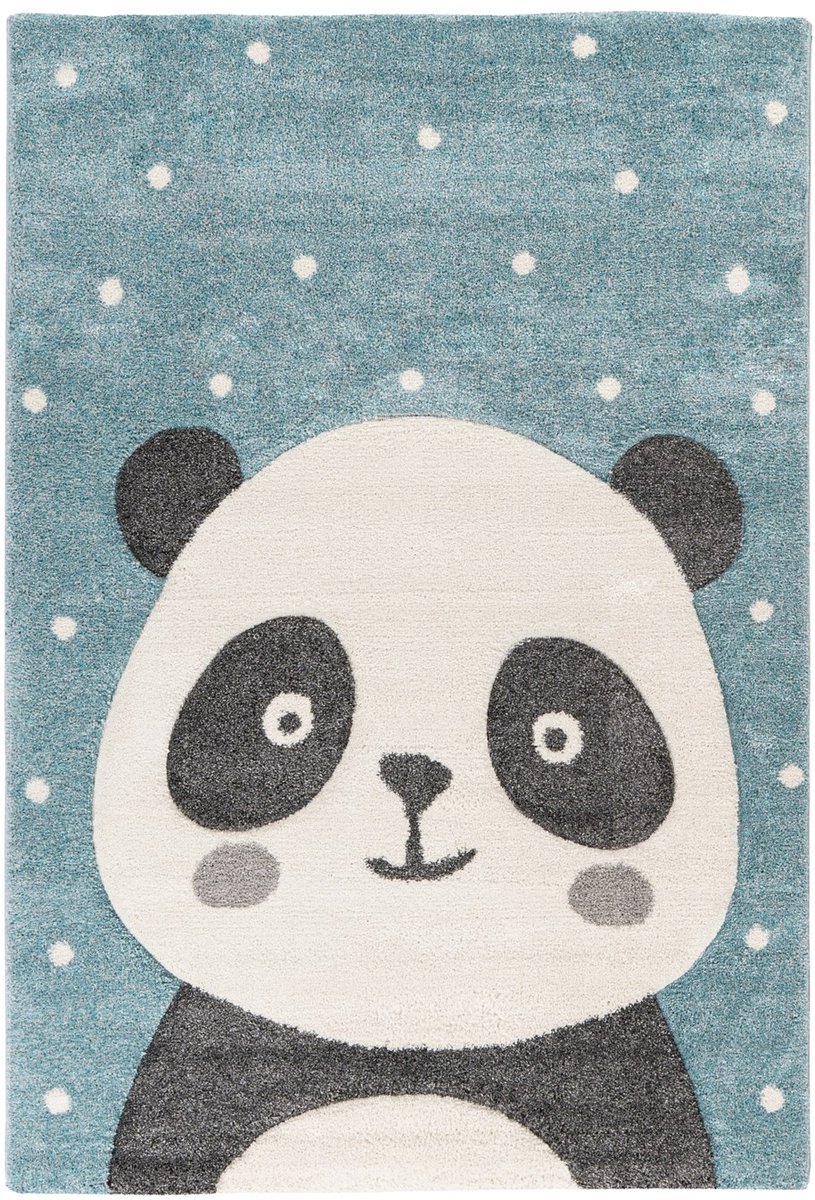 Padiro laagpolig kindervloerkleed 80 x 150 cm - blauw - met panda sterren kindermotief - geschikt voor Kinderkamer en vloerverwarming - van polypropyleen