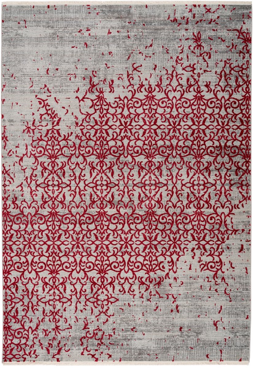 Padiro laagpolig vloerkleed 120 x 170 cm - rood / grijs - vintage design - met franjes - geschikt voor vloerverwarming - van polypropyleen