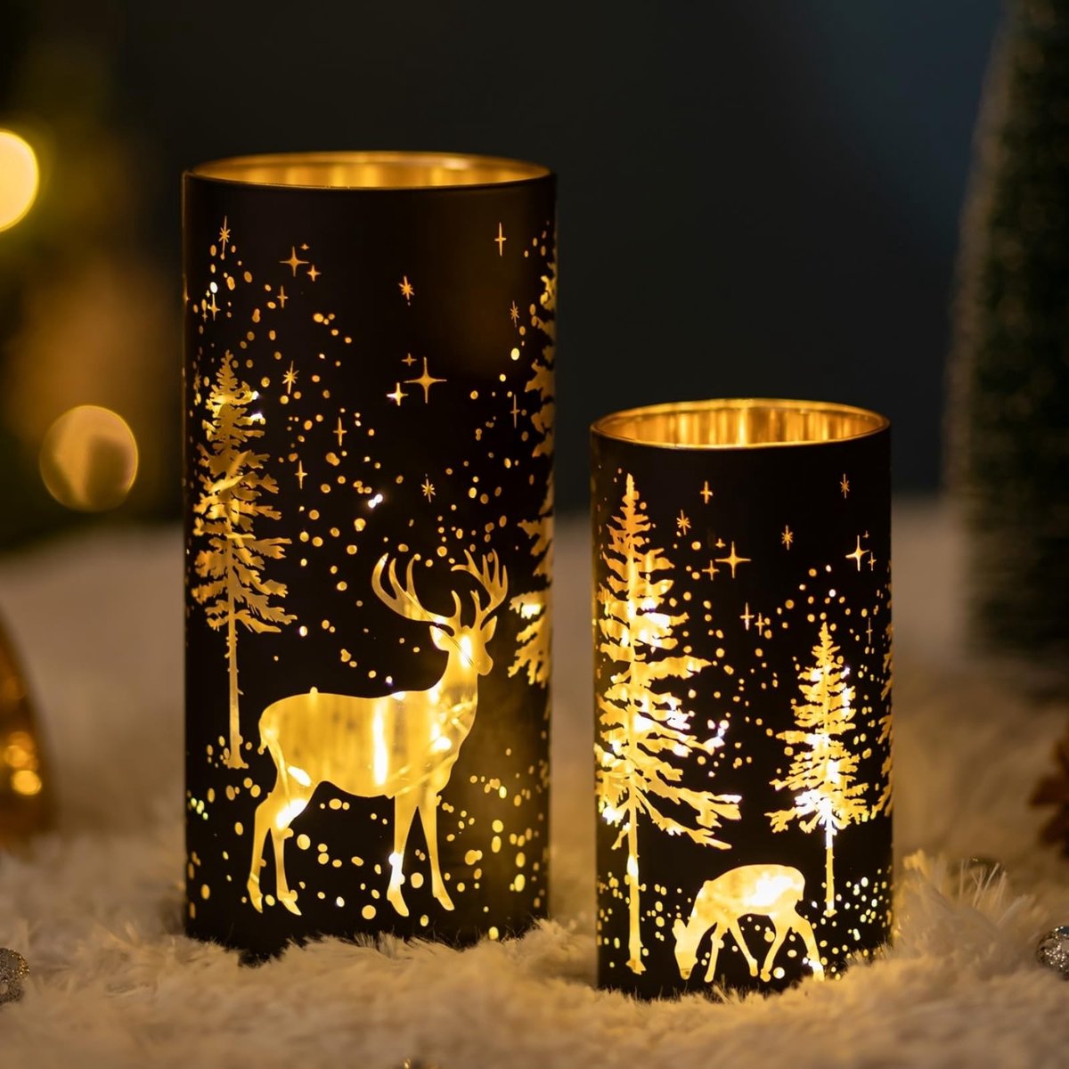 Solidchoice - Set van 2 Glazen Kaarsenhouders voor Pillar Kaarsen met Kerstthema