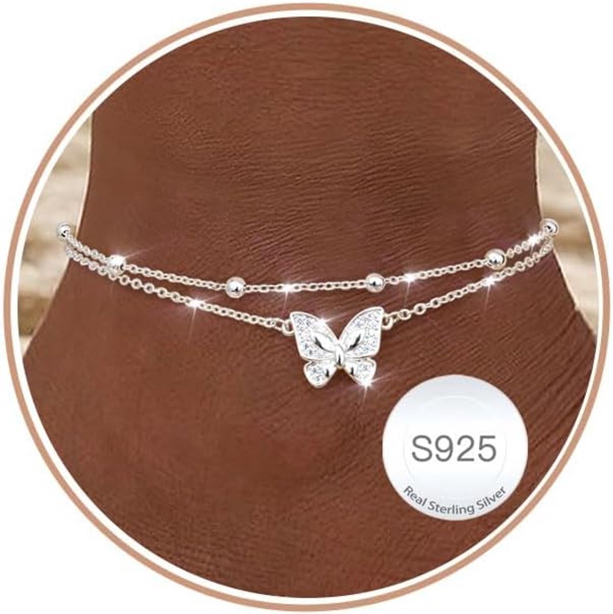 Enkelbandje 925 Sterling Zilver - Waterdicht - Vlinder Hart Kralen - Elegant Accessoire voor Vrouwen - ShopVlot