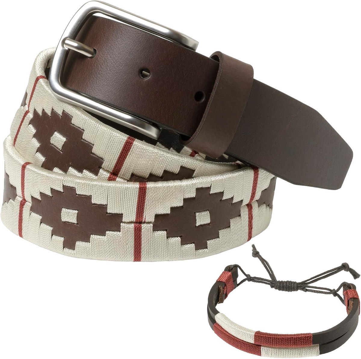 Leren riem met bijpassende armband - beige - geborduurd - stijlvol accessoire voor elke gelegenheid - ShopVlot