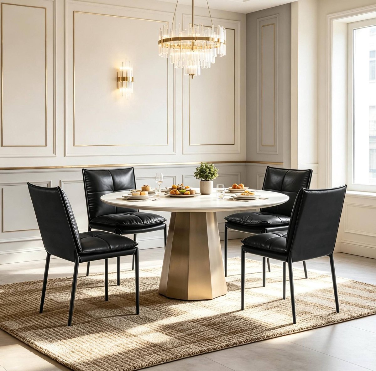 OKWISH Eetkamerstoel Set Van 4 - Gevoerde Hoge Rugleuning En Stevig Metaal - Comfortabel Voor Eetkamer En Woonkamer - Kunstleer - Zwart