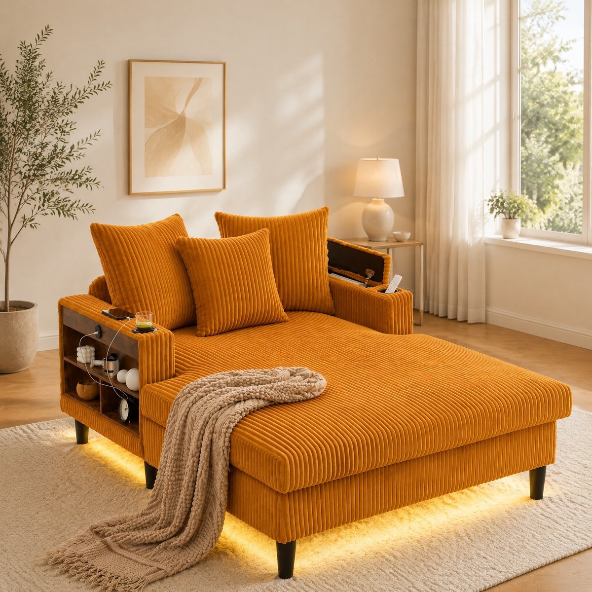 DESMIU Chaise Longue - 1-Zits - Met Led-Verlichting, Usb-Oplaadpoort, Opbergruimte, Zijvak En Bekerhouders - Voor Woonkamer En Balkon - Ribstof - Mosterdgeel