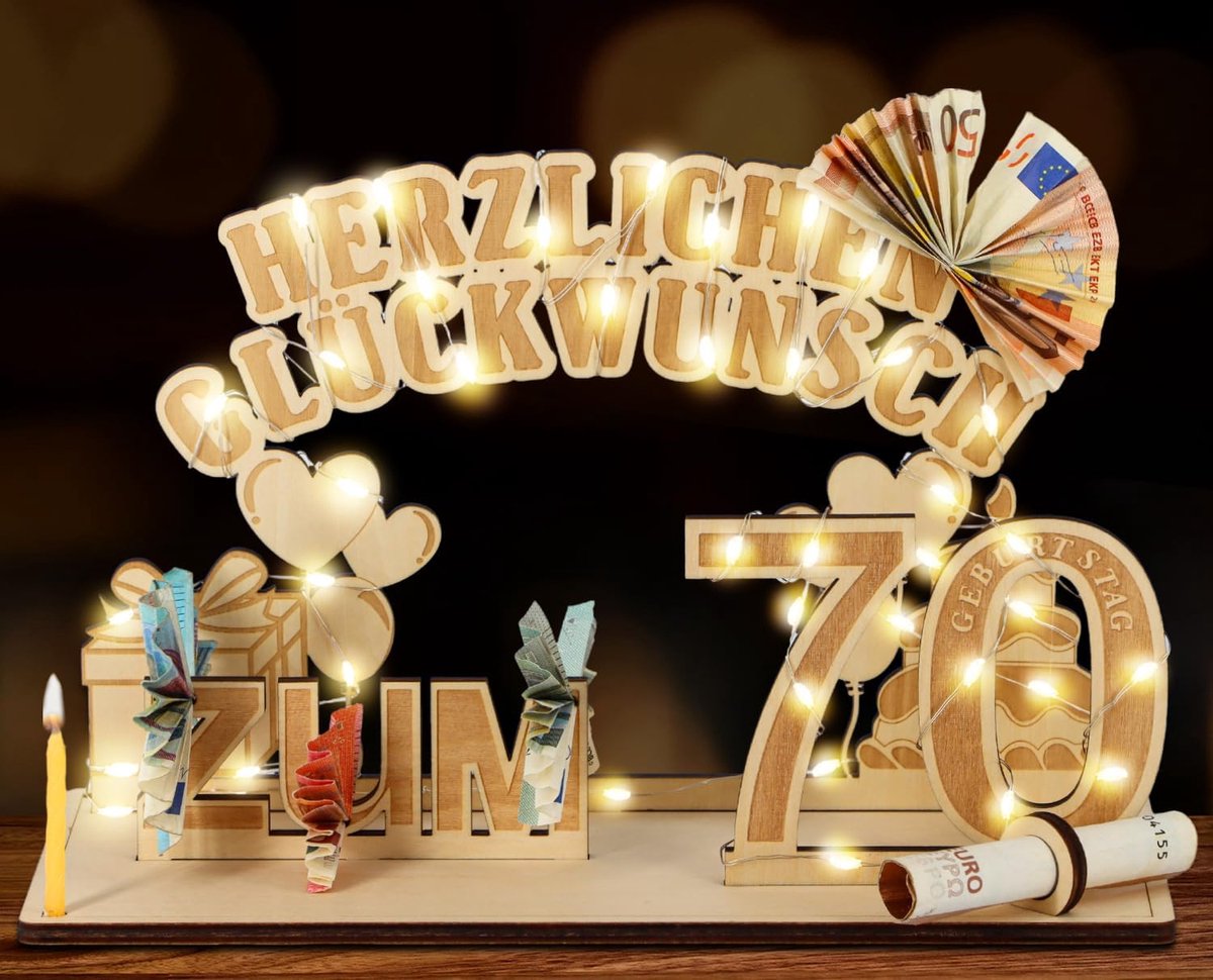 Cadeau voor 70e verjaardag - Houten decoratie met LED verlichting - Gepersonaliseerd gastenboek - ShopVlot