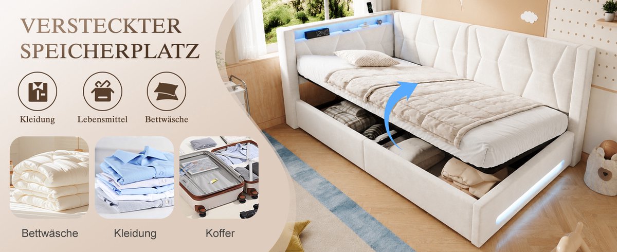 Gestoffeerd Bed 90x200 cm – Met Opbergruimte – Hydraulische Bedbodem – LED, USB En Type-C – Eenpersoonsbed – Fluweel – Beige – Zonder Matras