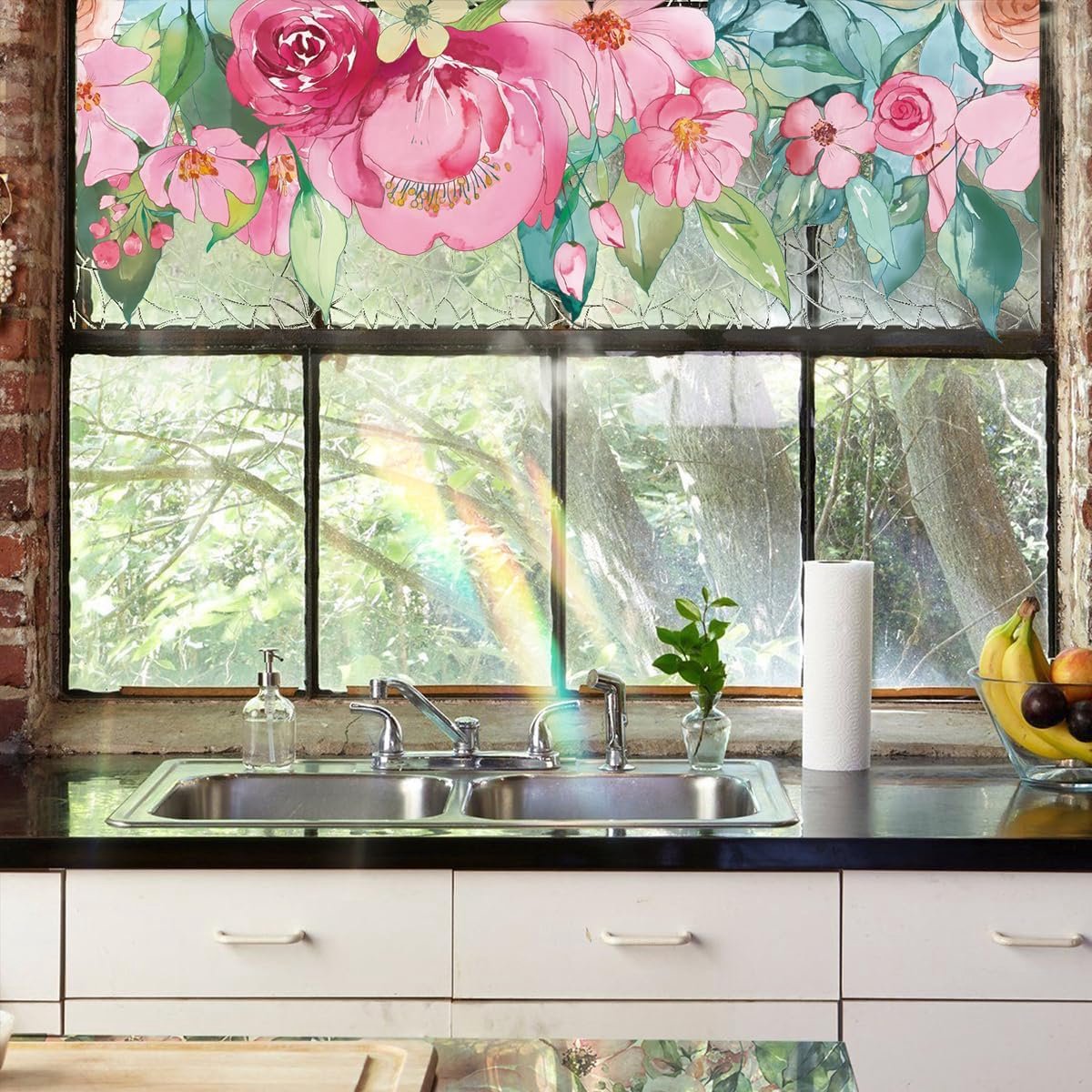 Privacy film voor raam 40x101,5cm - regenboog aquarel pioenrozen - 3D decoratief vinyl - eenvoudig te plaatsen - ShopVlot