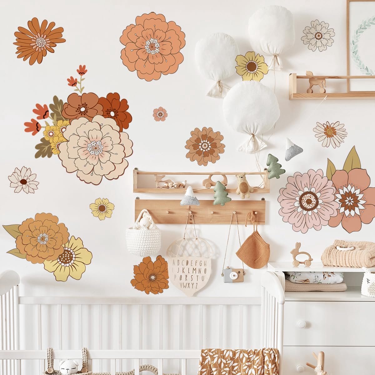 Wandstickers grote vintage bloemen - Boho retro muursticker - Kleurrijke hippie wanddecoratie - ShopVlot