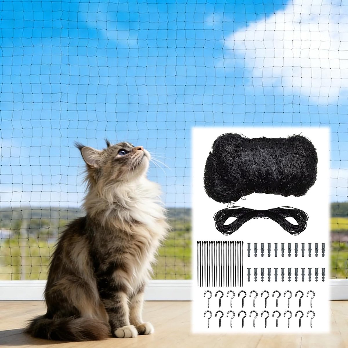 Kattennet voor balkon 3 x 10 m met bevestigingskoord en accessoires - Weerbestendig en UV-bestendig kattenbeschermingsnet voor balkon, ramen en bovenverlichting zonder boren