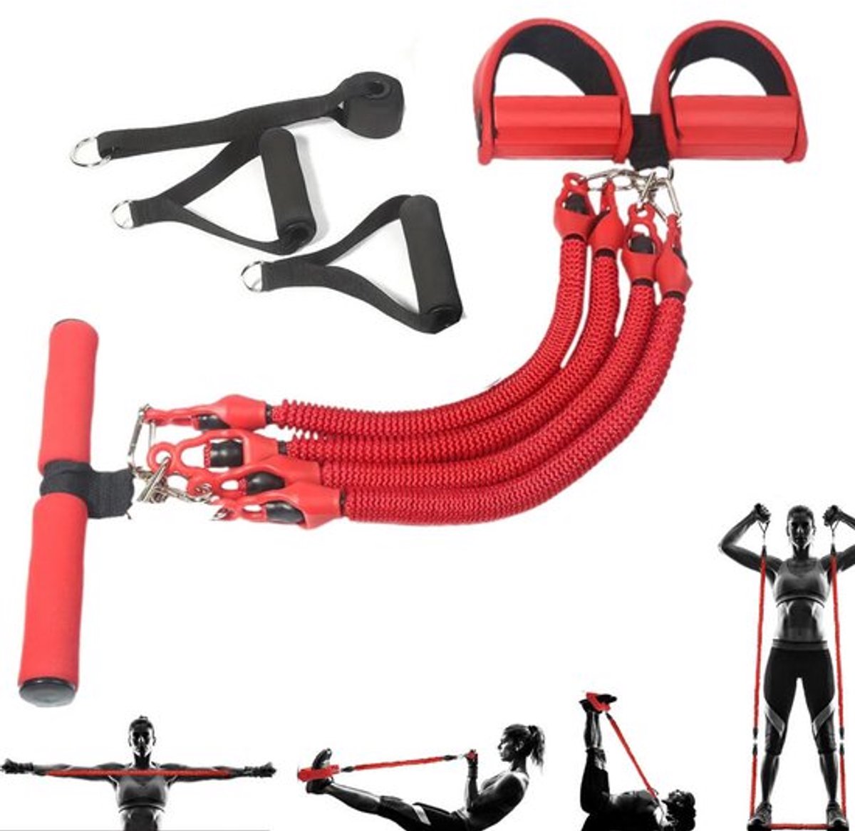1 Set Buikspiertrainer - Trekkoord Met Vier Buizen Fitness - Sit-up Fitness Rekken - Ab Trainer - Ab Roller - Ab Wheel - Fitness Weerstandsband - Taille oefenbanden - Fitnessspantouw - Sport Elastiek met handvat - Voor Thuis Gym en Buiten Training