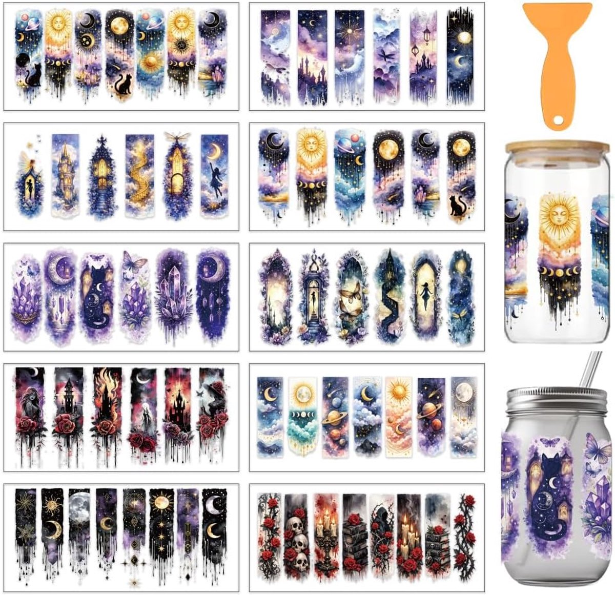 UV-transferstickers 10 vellen - gothic maan ster patroon - PVC DTF transferpapier - ShopVlot