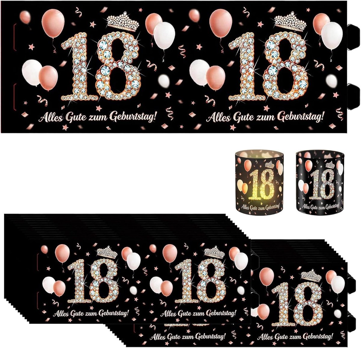 Lantaarns 24 stuks - zwart-roze - Happy Birthday - ideale tafeldecoratie 18e verjaardag - ShopVlot