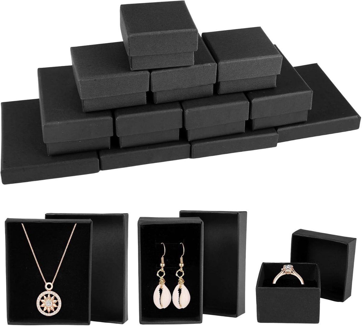 Set van 12 Kartonnen Sieraden Dozen, Luxe Verpakking voor Ringen, Kettingen en Oorbellen, Cadeauverpakking met Deksel in Zwart