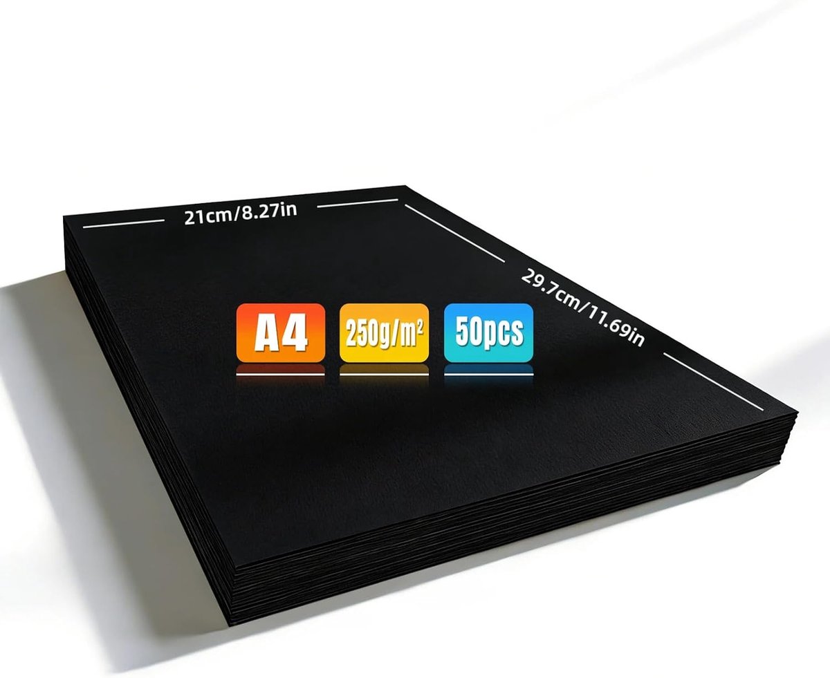 Photo Cardboard, A4, Smooth and Soft Thick Paper, 50 Pieces, Coloured Paper, Black, 250 g/m², Cardboard Paper, A4, 297 - ShopVlot