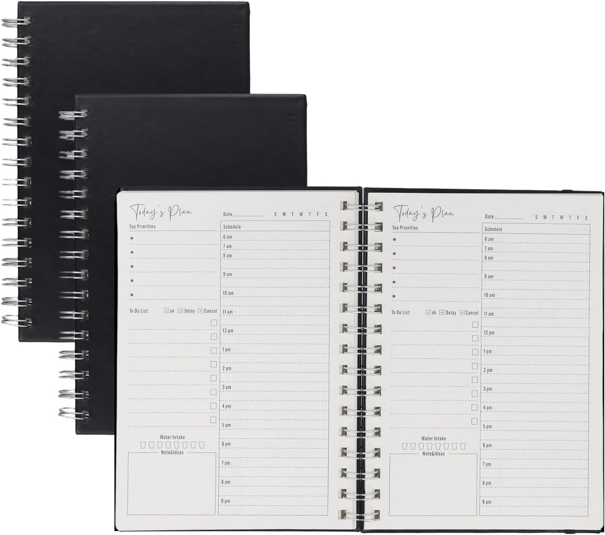 A5 Day Planner Set, 3 Pieces, Black Leather Cover, Spiral Block with 160 Pages, to-Do Lists and To-Do List, 21.5 x 15 - ShopVlot