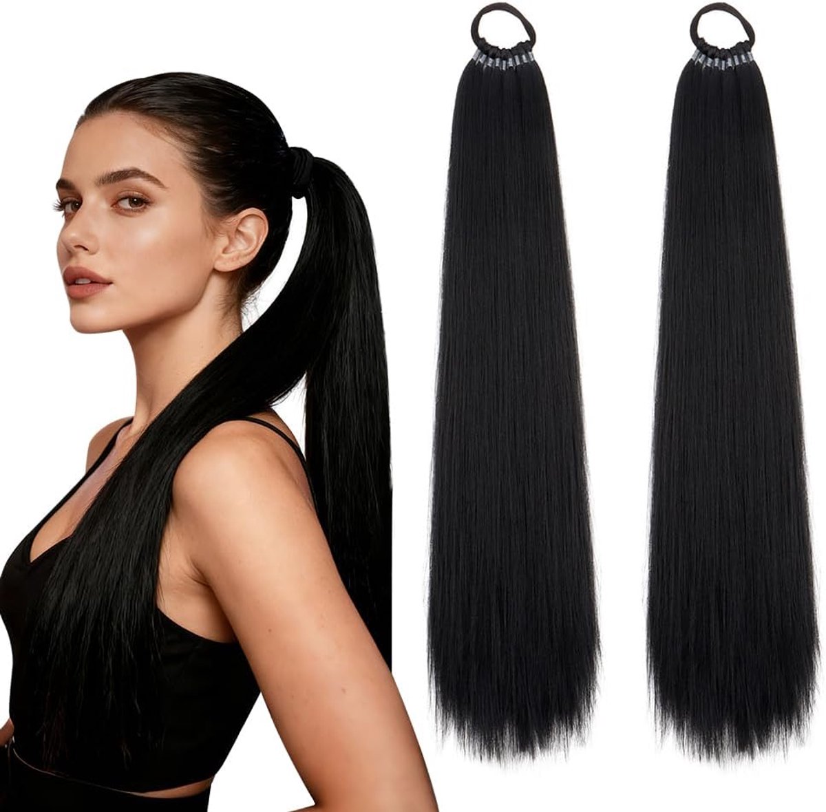 Ponytail Extension Black 2 Pieces Braid 50 cm Natural and Lifelike Smooth Hair Extension Braid for Women Girls Daily - ShopVlot