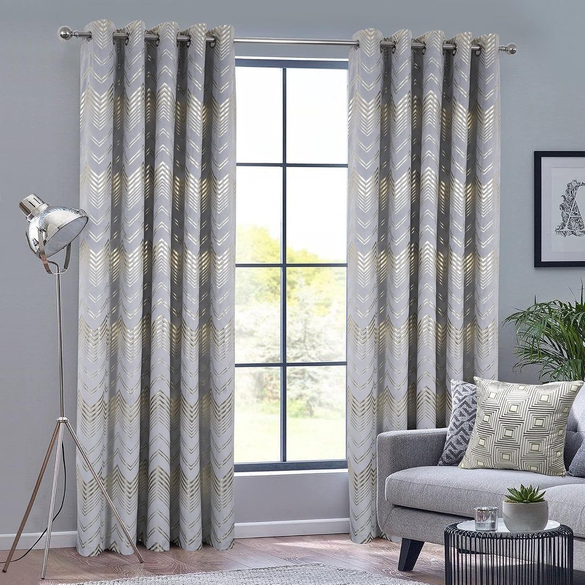 always4u Curtain 100% Opaque Velvet Curtains with Gold Lines Double Thermal Curtains Eyelet Curtains for Living Room - ShopVlot