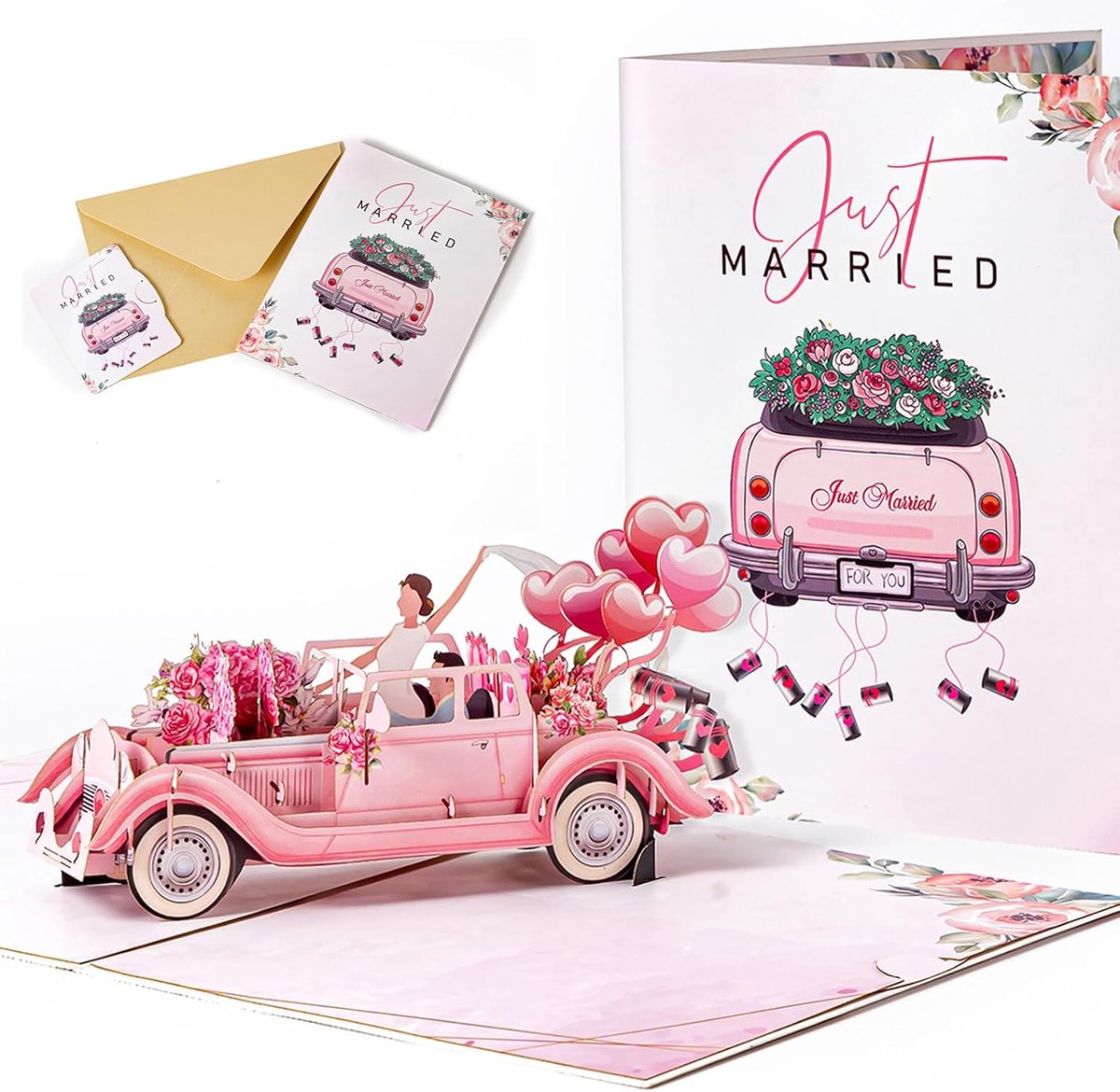 Just Married 3D Pop-Up Wedding Card, Wedding Card for Newlyweds - ShopVlot