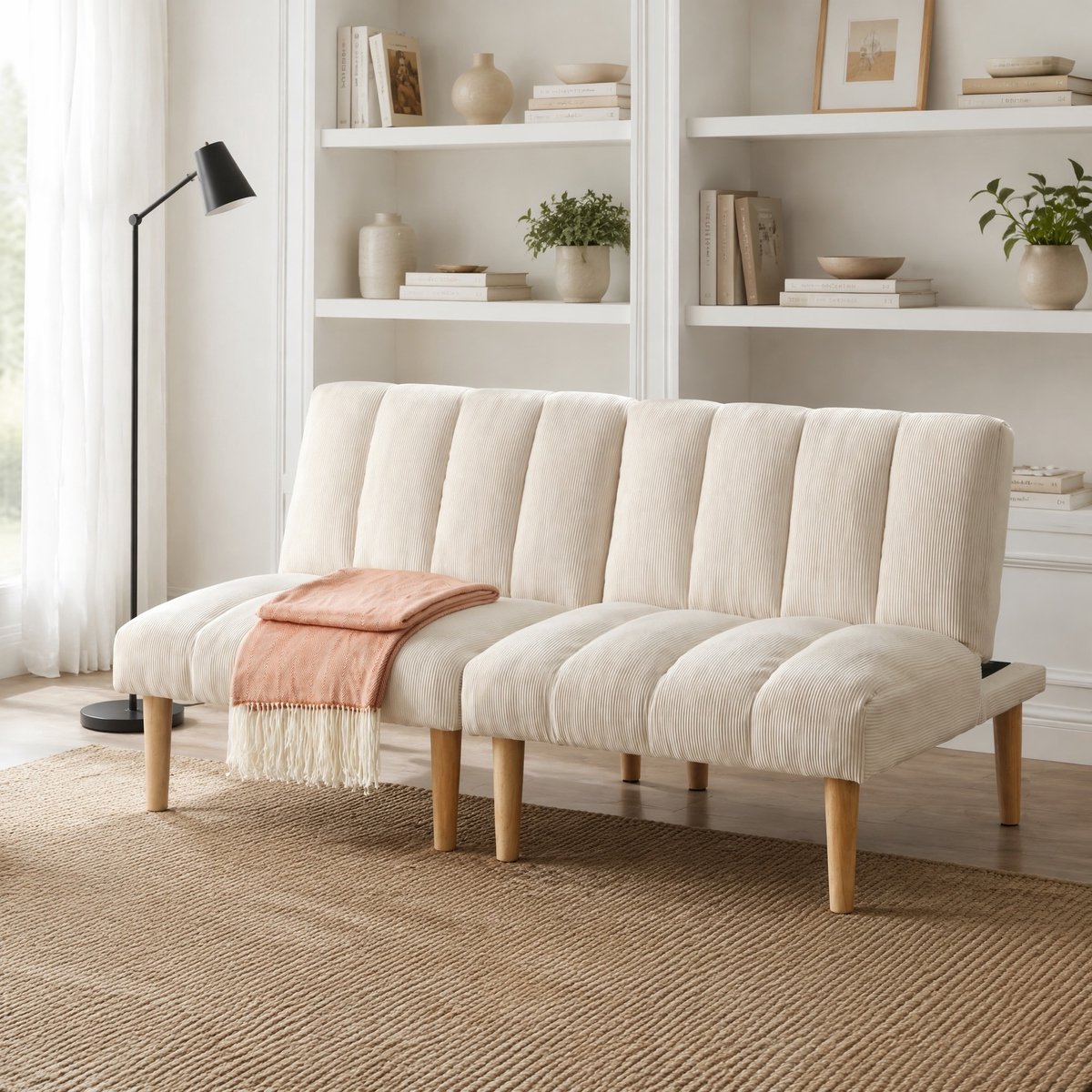 DESMIU Slaapbank 2-Zits 167 Cm - 3-Voudig Verstelbare Rugleuning En Slaapfunctie - Voor Woonkamer En Bureau - Corduroy - Beige