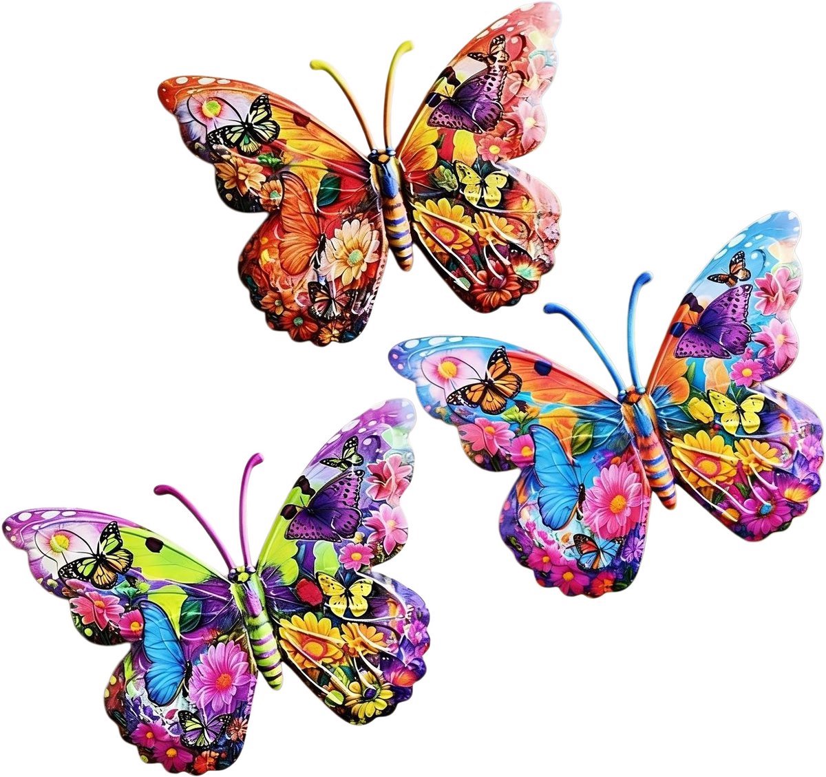 Casalora Set van 3 Wanddecoratie vlinder 2D - 15 x 11 cm - metaal - muur/schutting/tuin - buiten - tuinbeelden van dieren - tuinvlinders