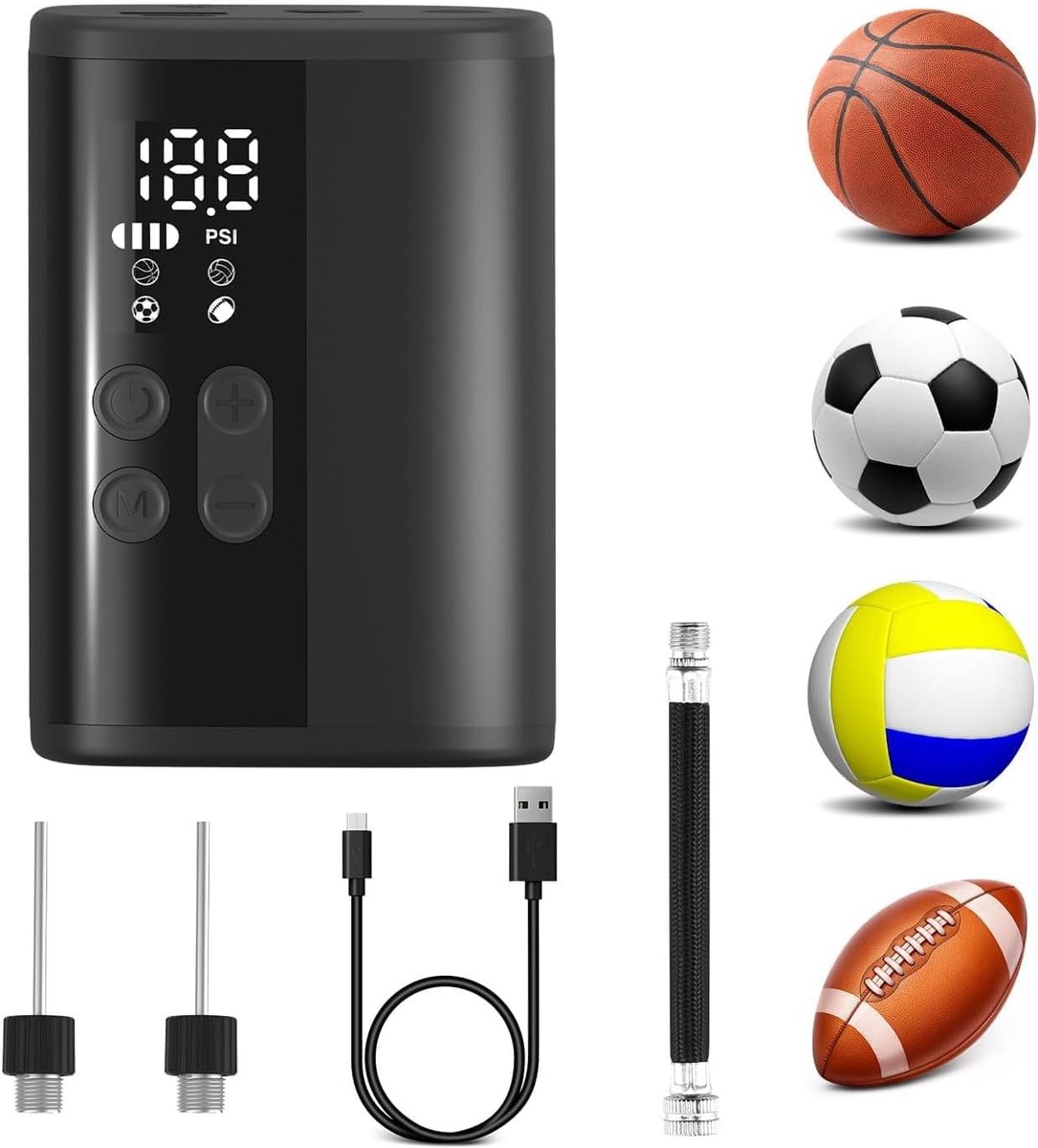 Woowind P101 elektrische balpomp met 12 psi, 4000 mAh powerbank, LED-licht, auto-stop, compact. Ideaal voor voetbal - ShopVlot