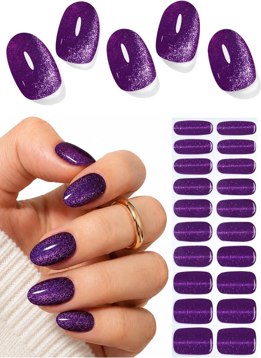UV-nagelfolie 20 stuks - semi-gekrulde gel nagelstickers - paars kattenoog - voor doe-het-zelf nagels - ShopVlot