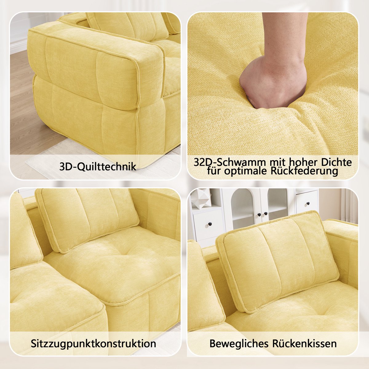 OKWISH U-bank 3-Zits - Modulaire Bank Met 2 Hockers, 32D Schuim En Brede Armleuningen - Voor Woonkamer - Polyester - Geel