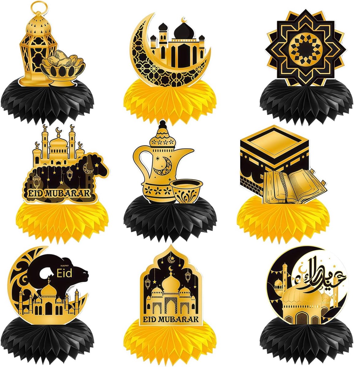 9pcs Eid Mubarak feestdecoraties - honeycomb tafelstukken - moskee en sterren motieven - ShopVlot