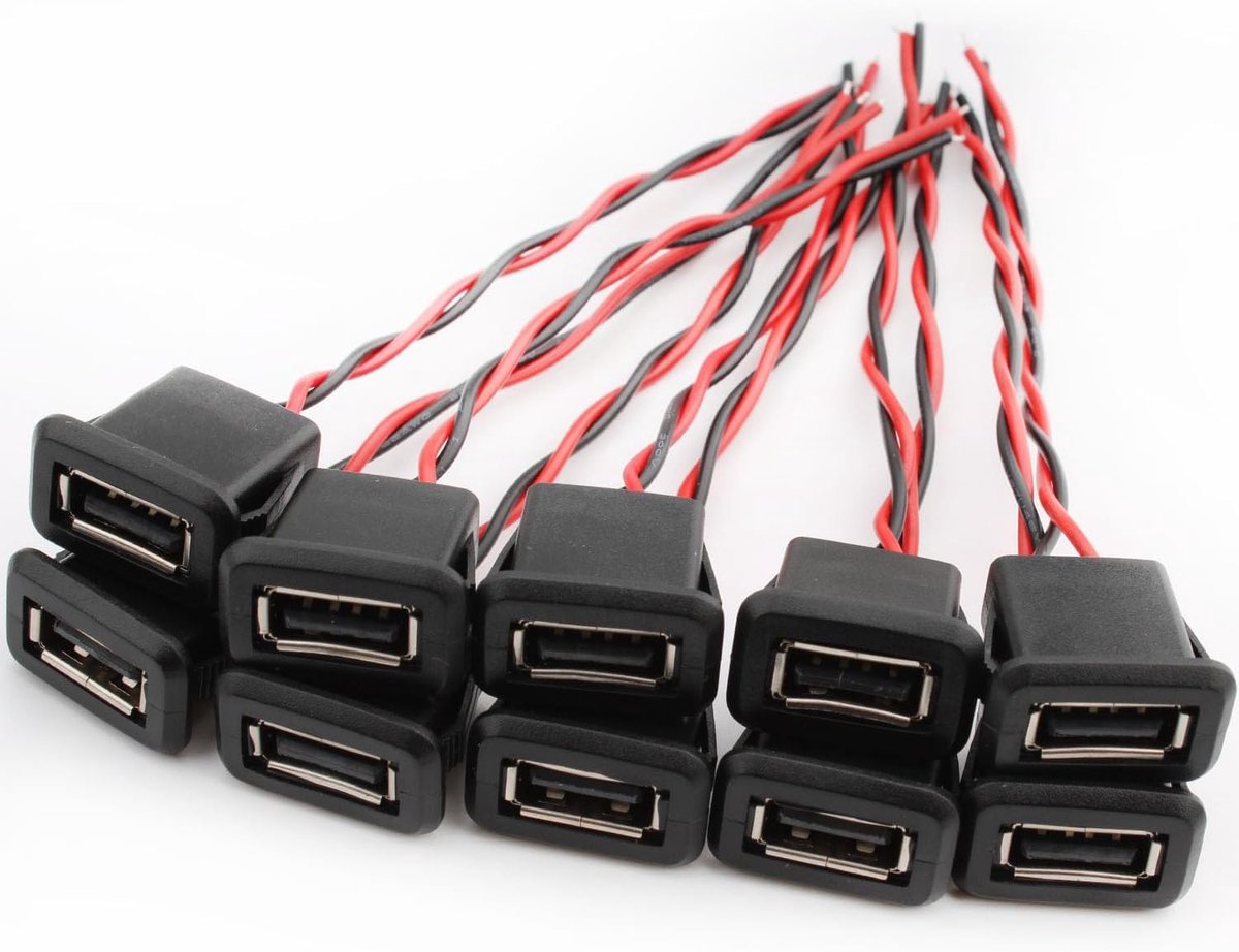 USB-A socket 2-draads inbouwtype A - USB snellader voor paneelmontage - 10 stuks - Ideaal voor DIY kabels - ShopVlot