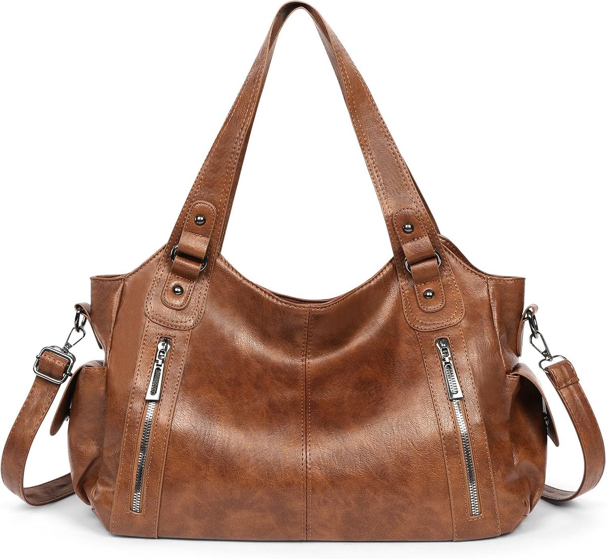 Dames Leren Handtas Schoudertas - Multi-pocket Tote Bag - Verstelbare Schouderband - Perfect voor Werk en Vrijetijd - ShopVlot
