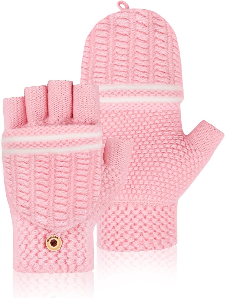 Vingerloze winterhandschoenen jongens/meisjes 8-13 jaar - elastisch blauw/roze - met cover - ideaal voor buiten spelen - ShopVlot