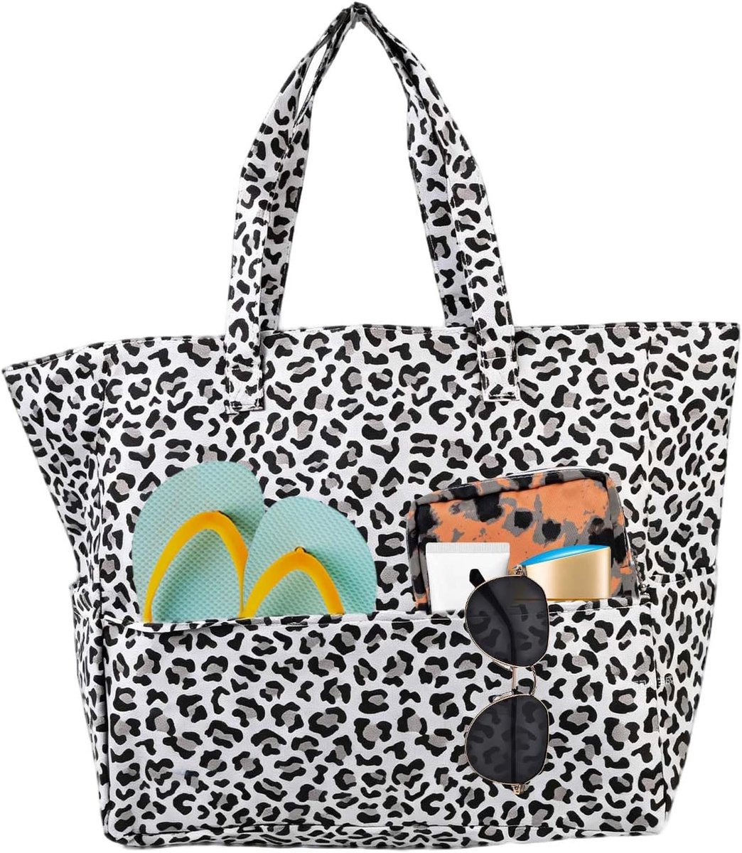 Grote strandtas voor dames - polyester met ritssluiting - luipaardpatroon - ideaal voor vakantie - ShopVlot